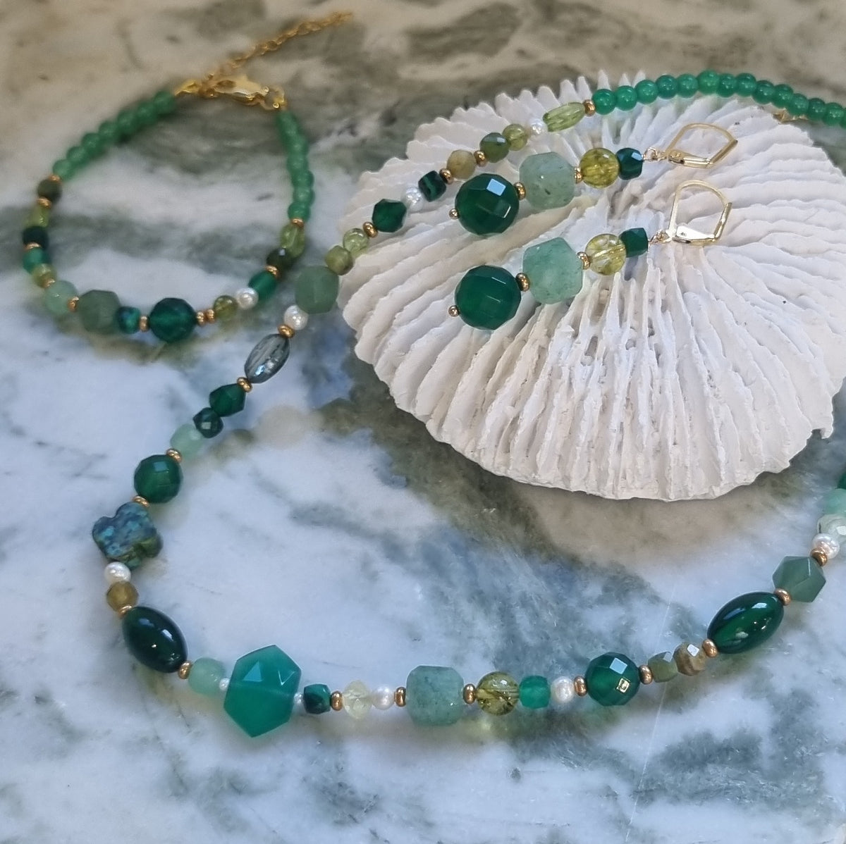 Mariposa Earrings Green-Green Onyx, Aventurine, Green Quartz and Malachite