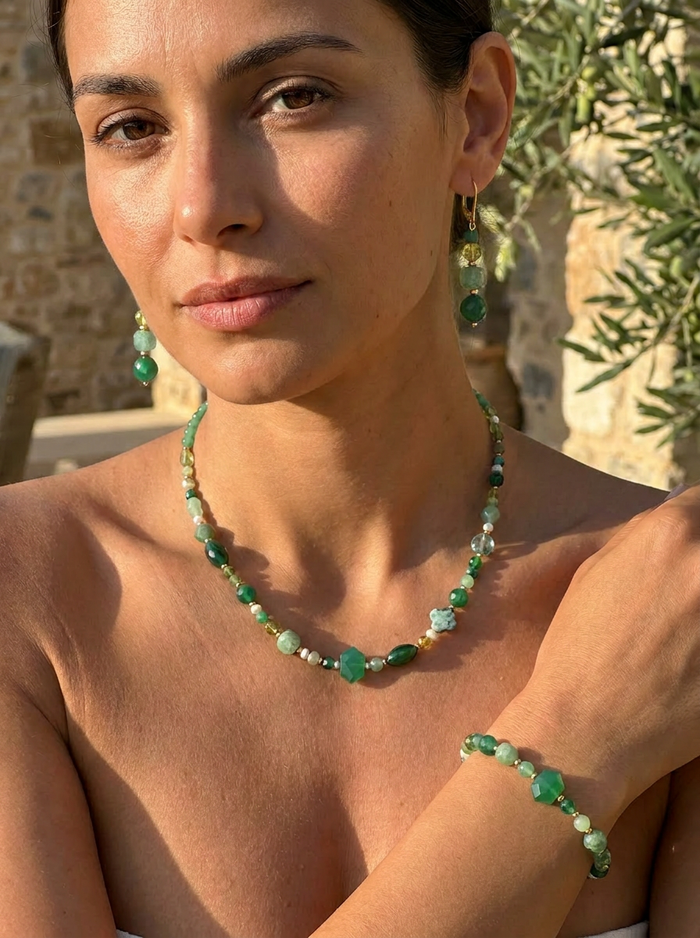Mariposa Earrings necklace and bracelet set Green-Green Onyx, Aventurine, Green Quartz and Malachite