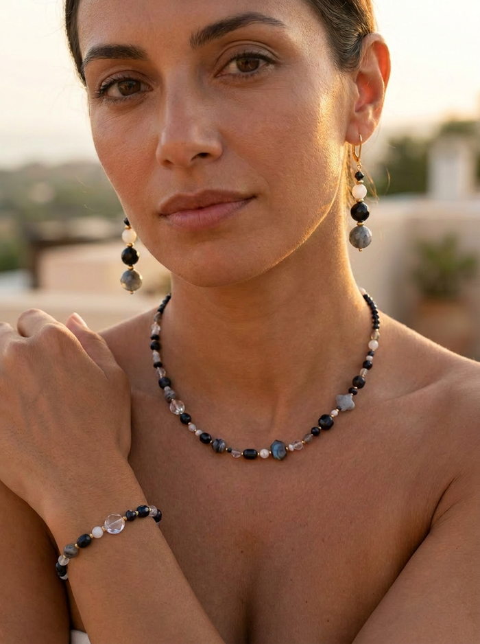 Mariposa Earrings, necklace and bracelet Black-Labradorite, Onyx, Moonstone and Terahertz