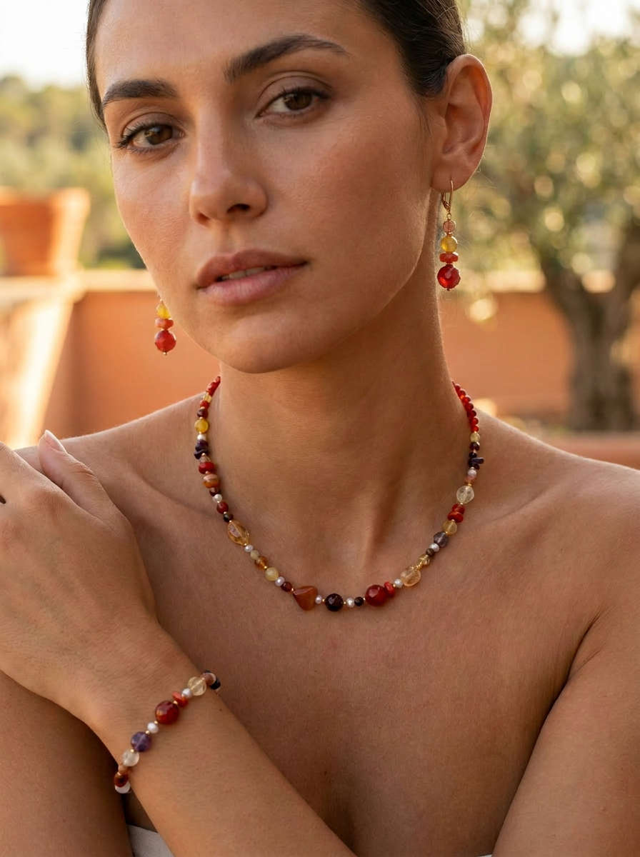 Mariposa Necklace, Bracelet and Earrings set Orange-Carnelian, Coral, Yellow Opal and Sunstone