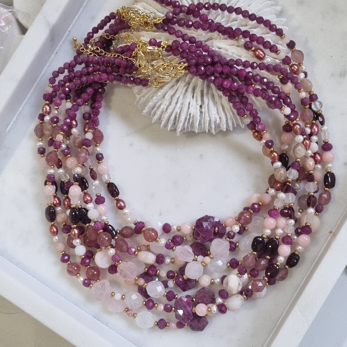Mariposa Necklace Black-Ruby, Garnet and Pink Opal