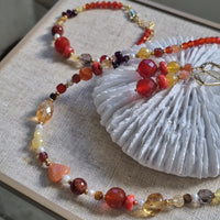 Mariposa Necklace, Bracelet and Earrings set Orange-Carnelian, Coral, Yellow Opal and Sunstone