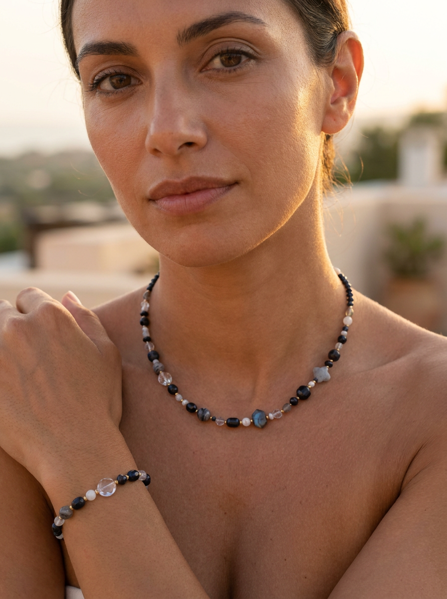 Mariposa Necklace Black-Spinel, Labradorite and Pearl