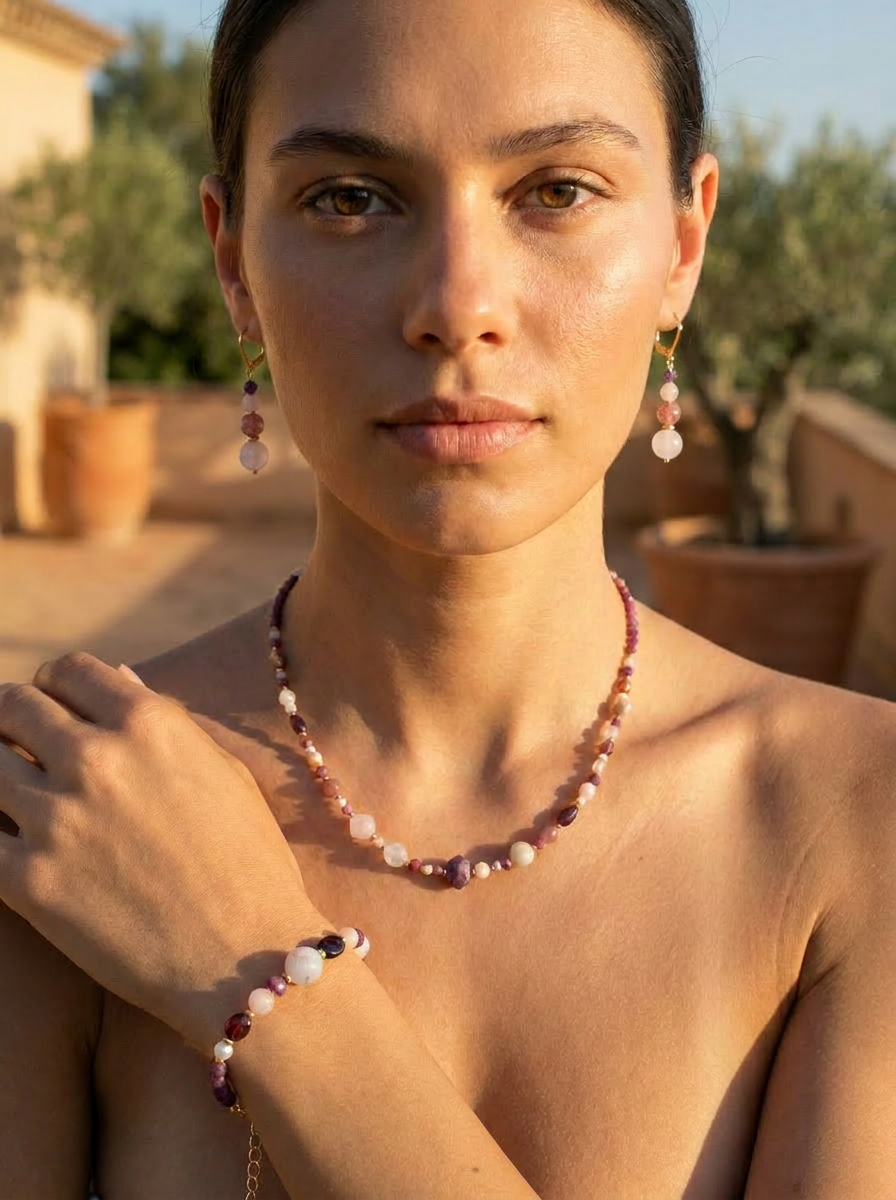 Mariposa Earrings, necklace and bracelet Pink-Rose Quartz, Strawberry Quartz, Morganite and Ruby
