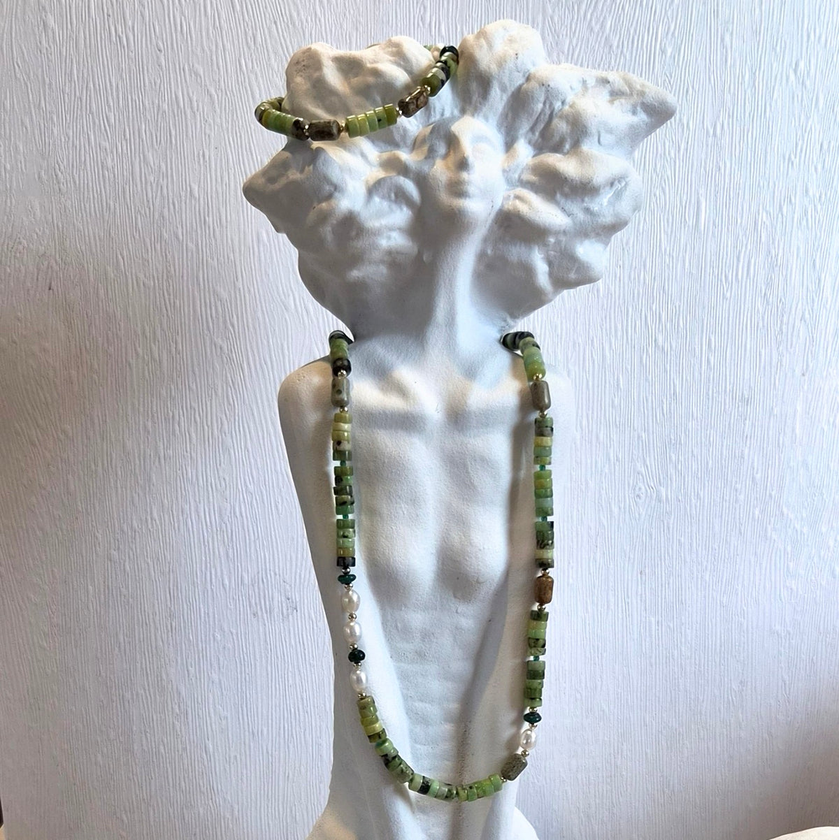 Maris Chrysohase, Jasper, Malachite and Pearl Bracelet and necklace