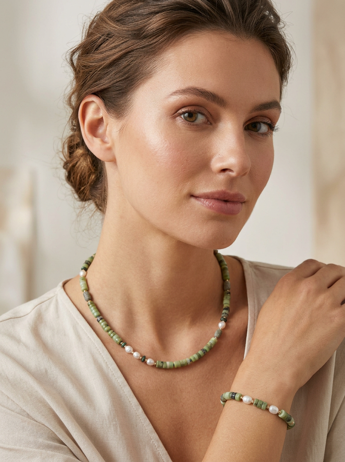 Maris Chrysohase, Jasper, Malachite and Pearl Necklace and bracletet