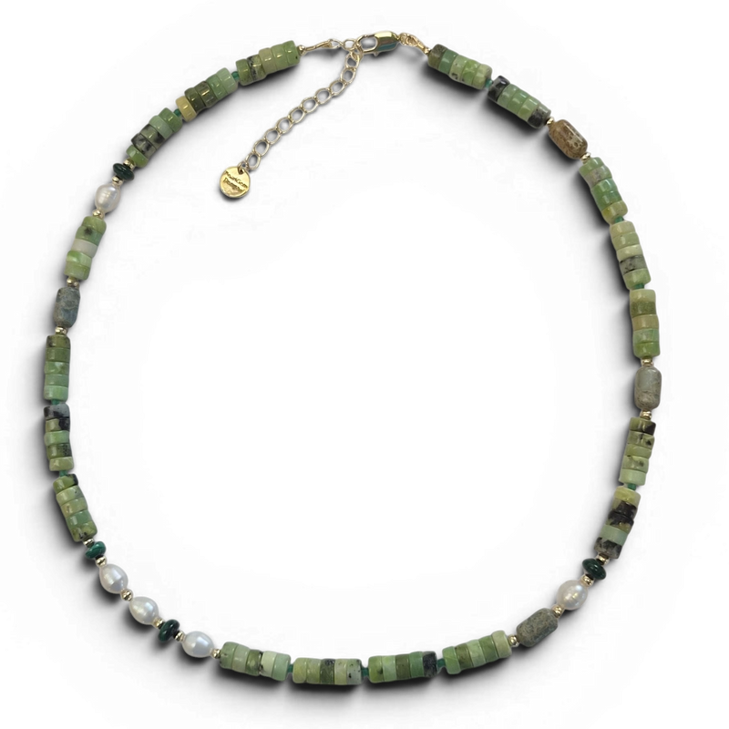Maris Chrysohase, Jasper, Malachite and Pearl Necklace