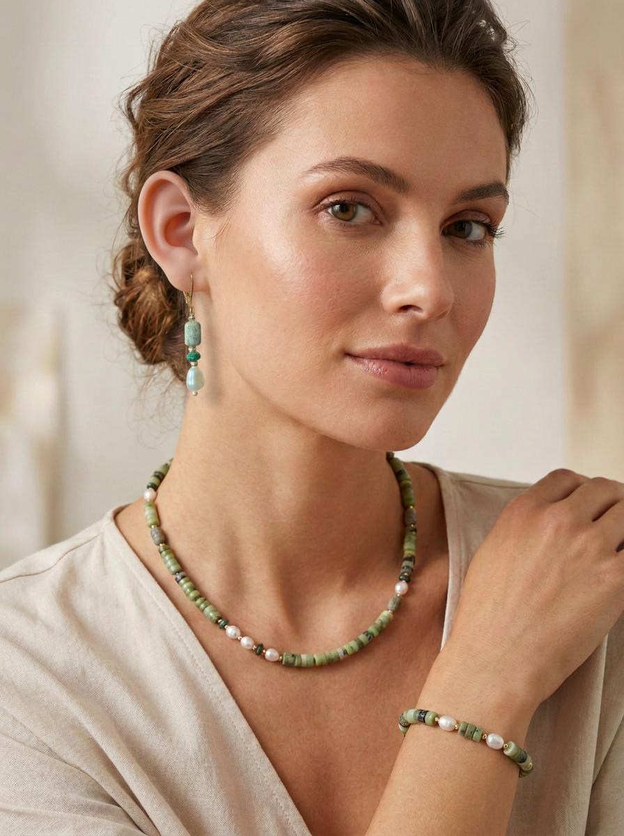 Maris Jasper, Malachite and Pearl Earrings necklace and bracelet