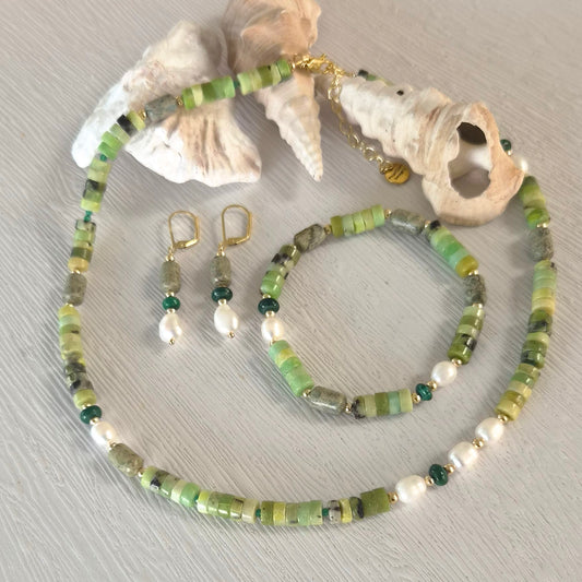 Maris Jasper, Malachite and Pearl Earrings necklace and bracelet