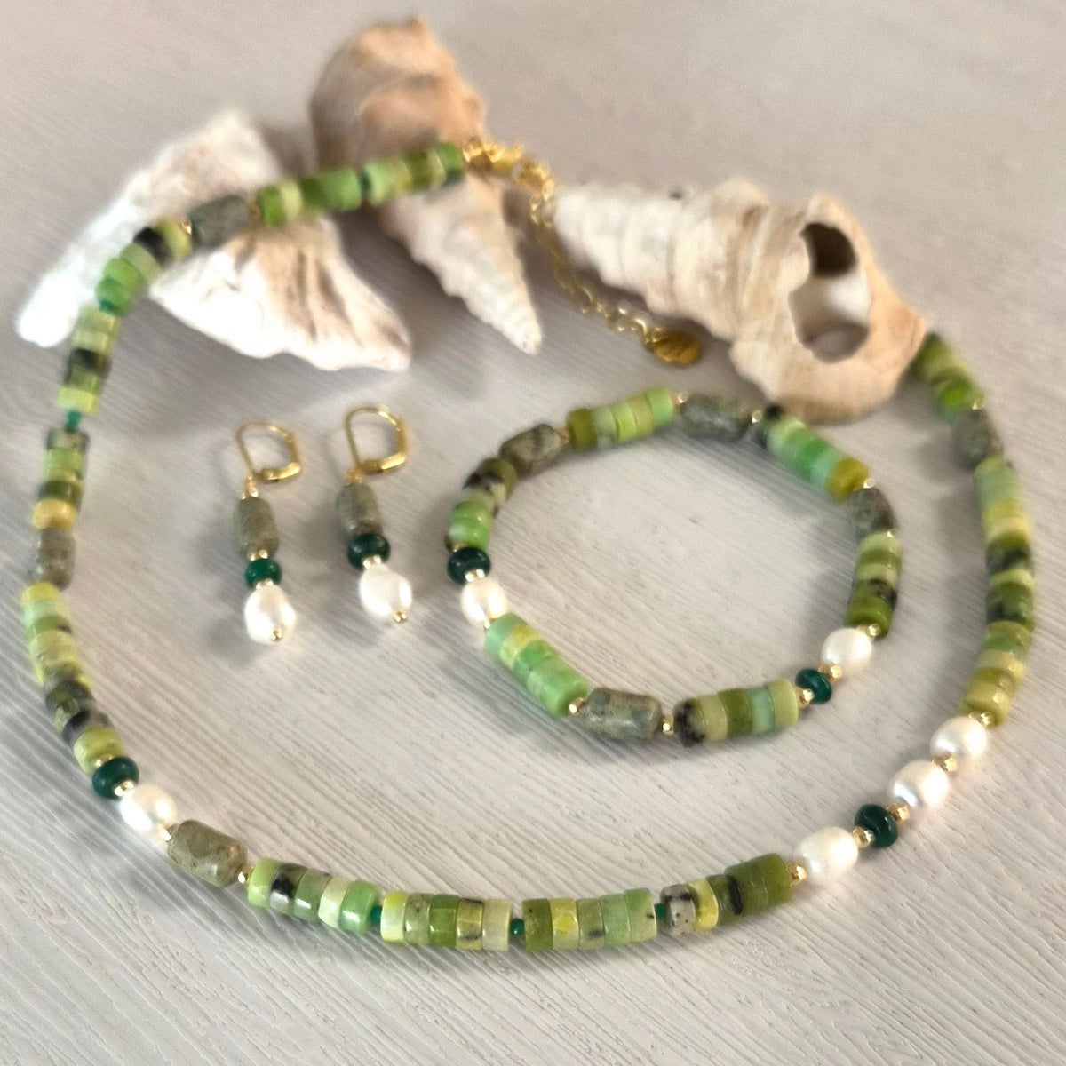 Maris Jasper, Malachite and Pearl Earrings necklace and bracelet