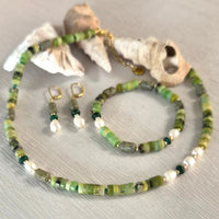 Maris Jasper, Malachite and Pearl Earrings necklace and bracelet