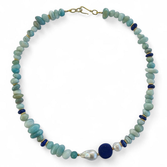 Mood Necklace with Amazonite Lapis Lazuli and Freshwater Pearl