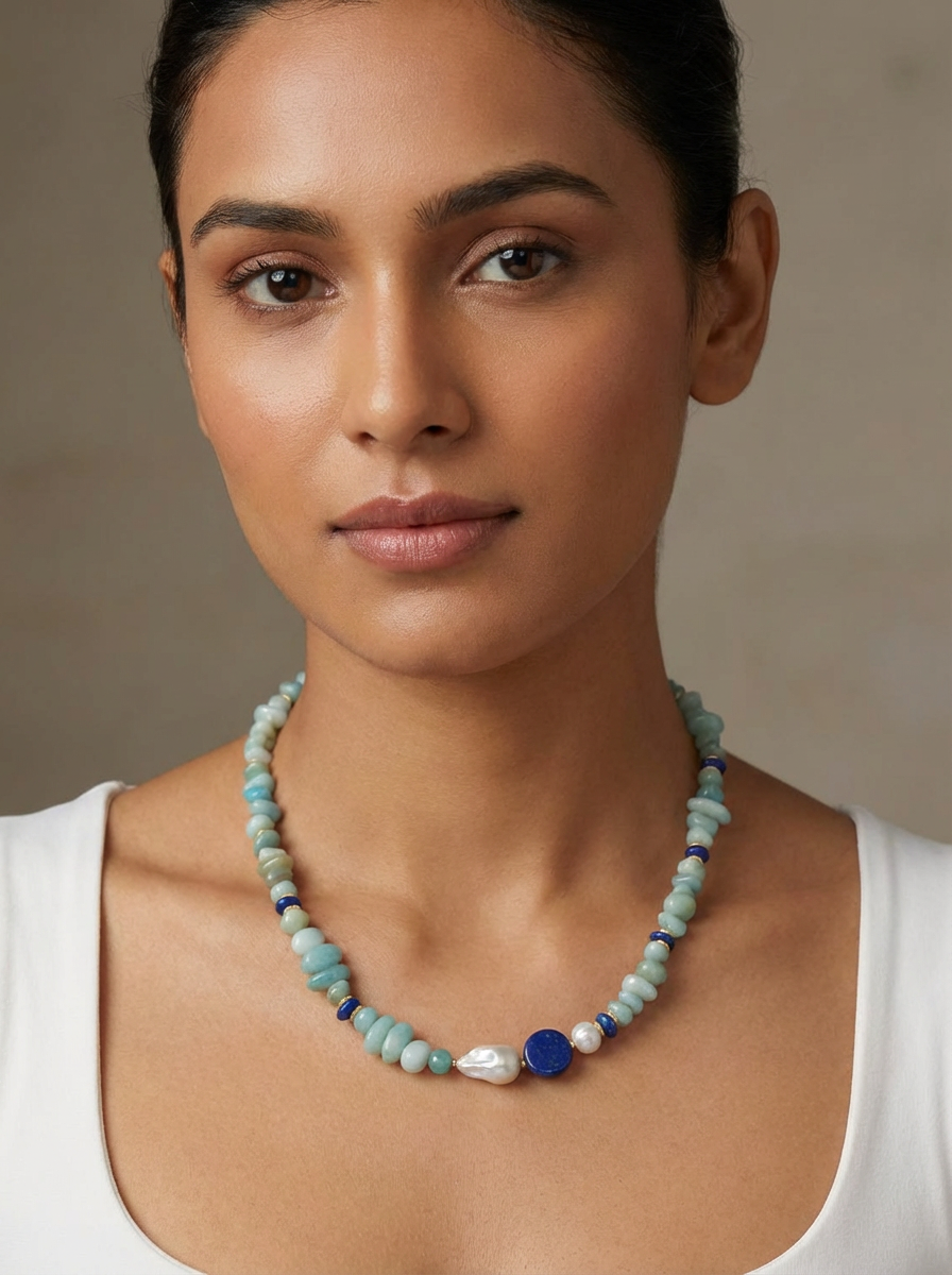 Mood Necklace with Amazonite Lapis Lazuli and Freshwater Pearl