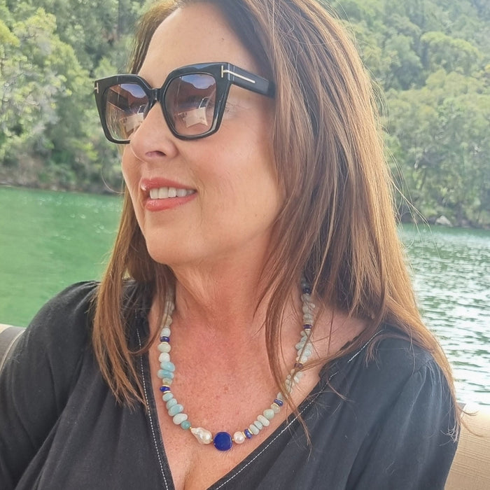Mood Necklace with Amazonite Lapis Lazuli and Freshwater Pearl