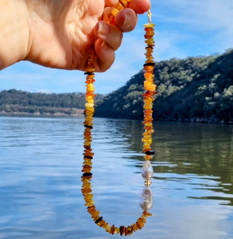 Mood Necklace with Amber and Baroque Freshwater Pearls