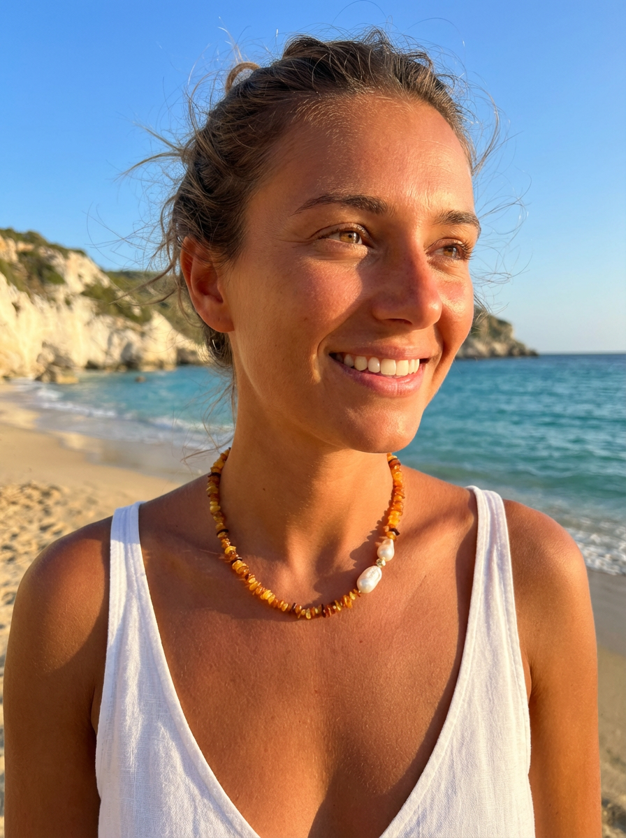 Mood Necklace with Amber and Baroque Freshwater Pearls