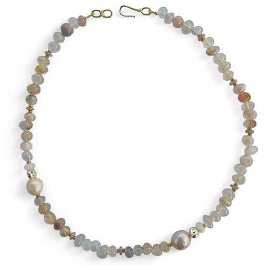 Mood Necklace with Cherry Blossom Agate and Freshwater Pearl