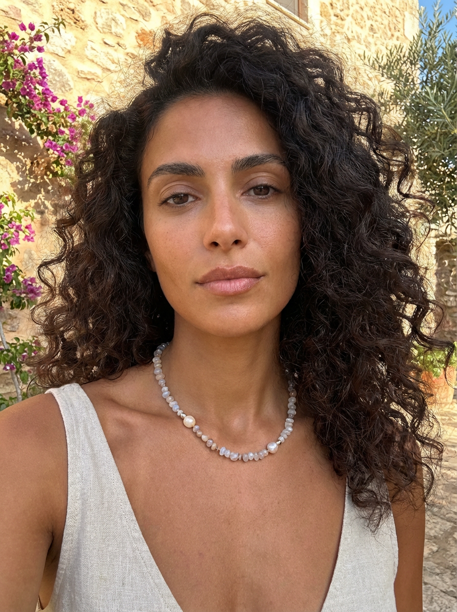 Mood Necklace with Cherry Blossom Agate and Freshwater Pearl