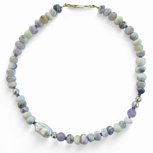 Mood Necklace with Dendritic Opal Amethyst and Freshwater Pearl