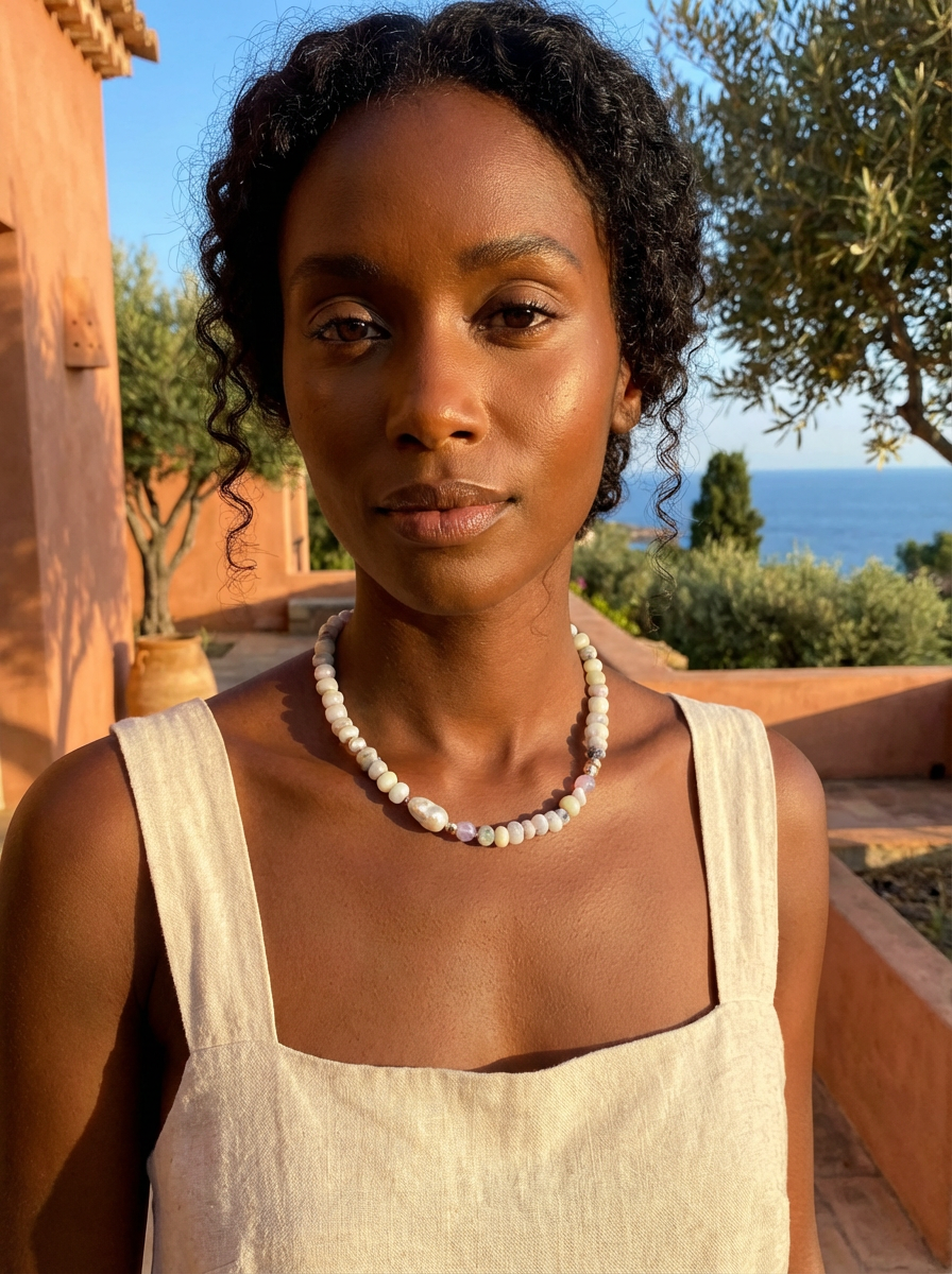 Mood Necklace with Dendritic Opal Amethyst and Freshwater Pearl