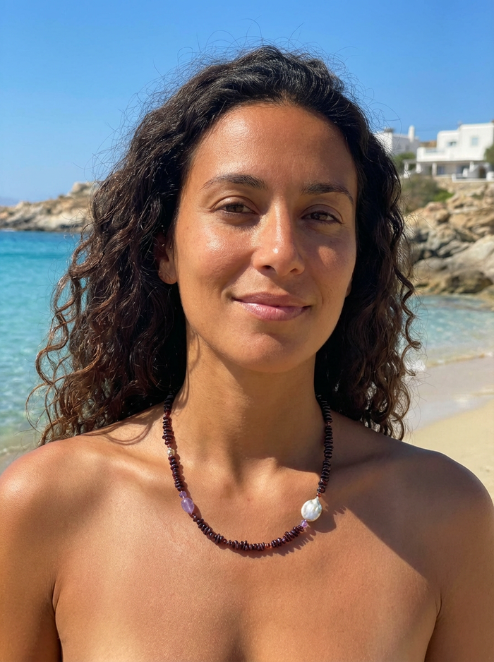 Mood Necklace with Garnet Amethyst and Freshwater Pearl