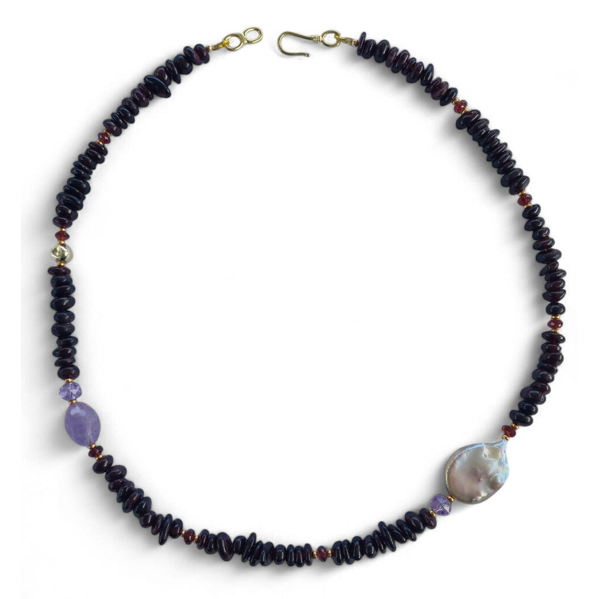 Mood Necklace with Garnet Amethyst and Freshwater Pearl