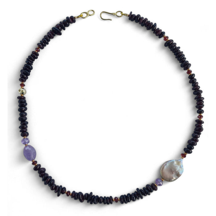 Mood Necklace with Garnet Amethyst and Freshwater Pearl