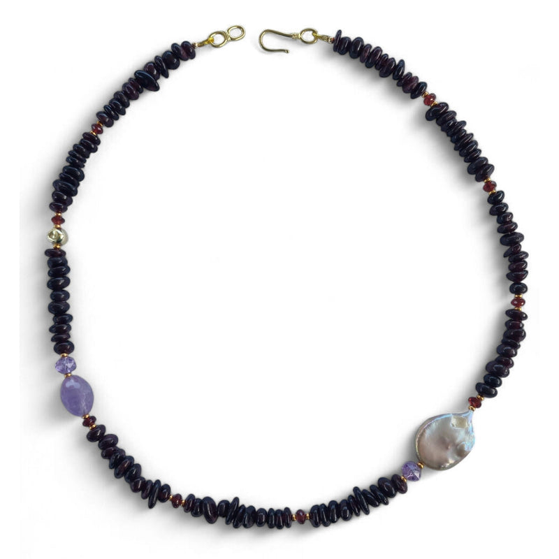 Mood Necklace with Garnet Amethyst and Freshwater Pearl
