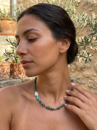 Mood Necklace with Green Apatite Turquoise and Freshwater Pearl