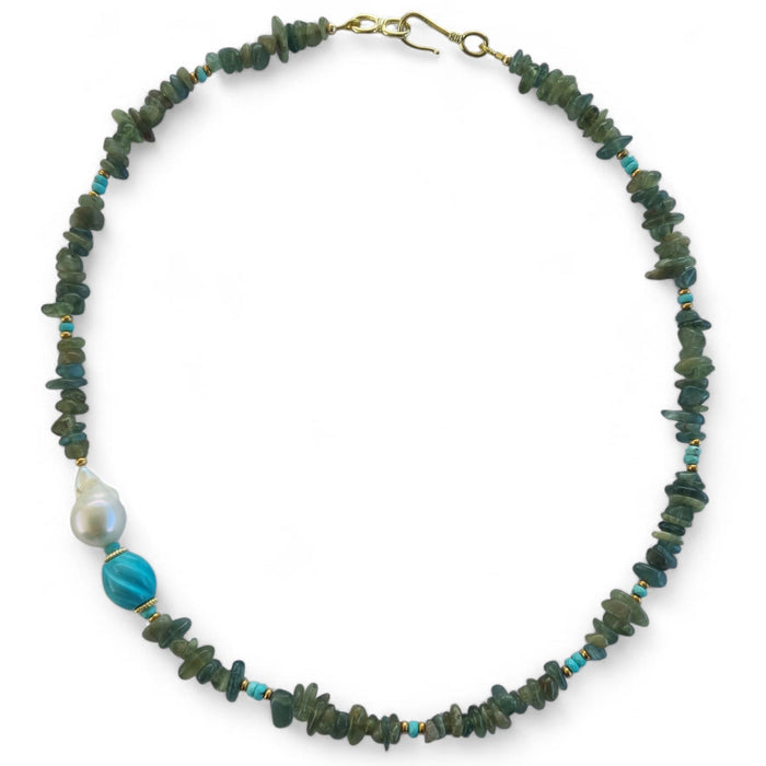 Mood Necklace with Green Apatite Turquoise and Freshwater Pearl