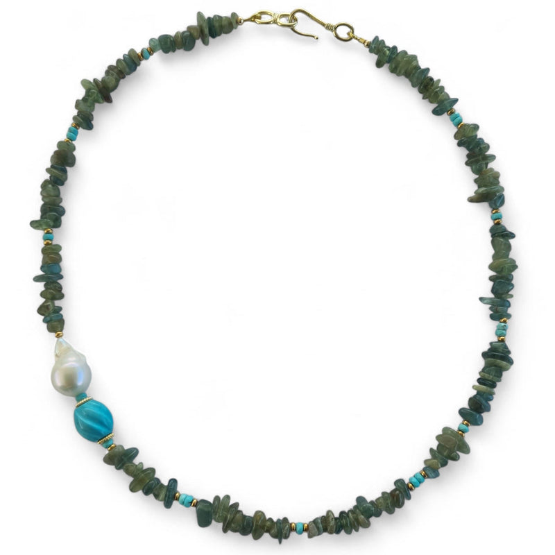 Mood Necklace with Green Apatite Turquoise and Freshwater Pearl