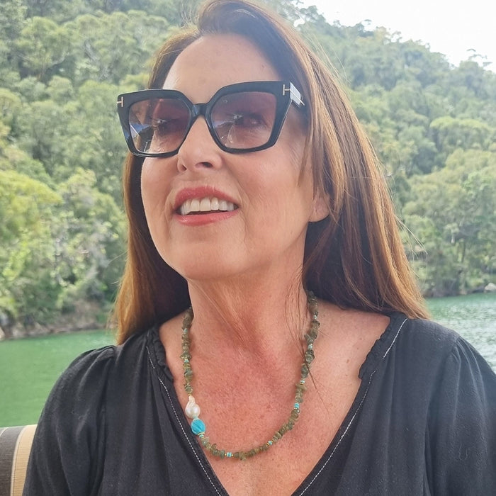 Mood Necklace with Green Apatite Turquoise and Freshwater Pearl