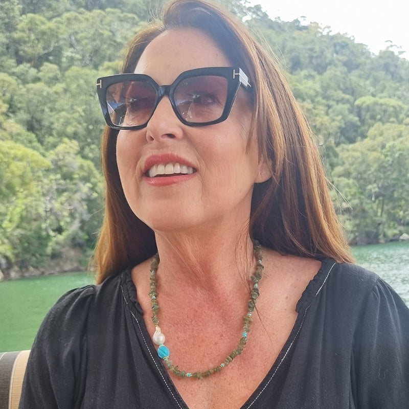 Mood Necklace with Green Apatite Turquoise and Freshwater Pearl