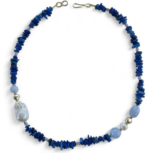 Mood Necklace with Kyanite Blue Lace Agate and Freshwater Pearls