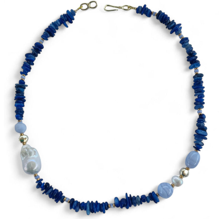 Mood Necklace with Kyanite Blue Lace Agate and Freshwater Pearls
