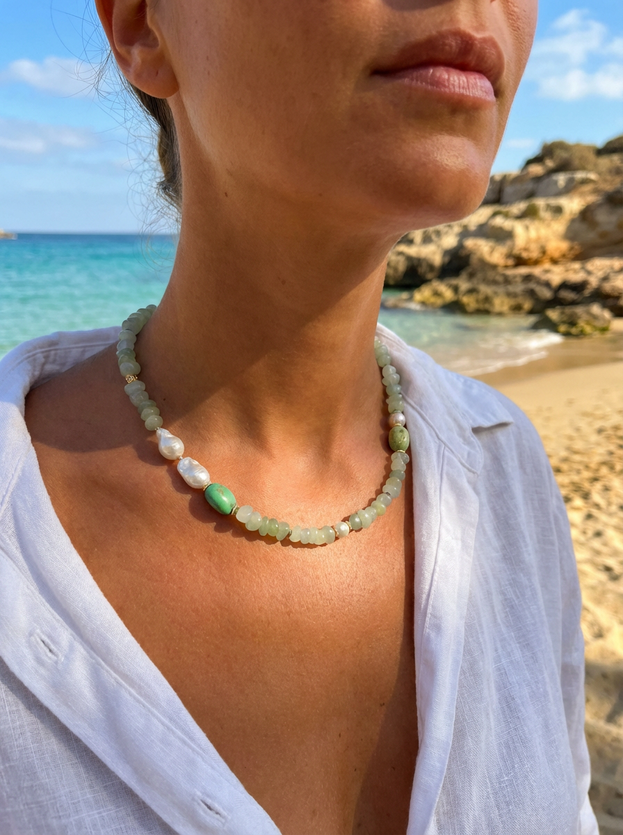 Mood Necklace with New Jade, Chrysophase and Freshwater Pearls