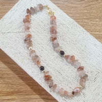 Mood Necklace with Red Rutile Quartz, Garnet, Pink Opal and Freshwater Pearl Necklace