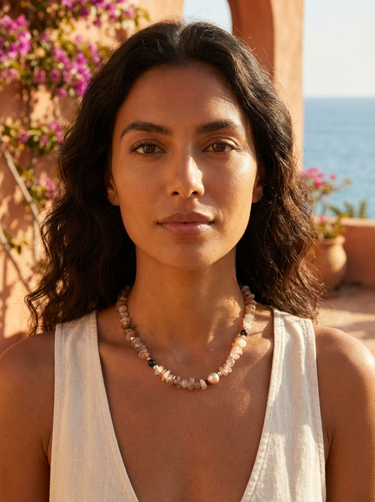 Mood Necklace with Red Rutile Quartz, Garnet Pink Opal and Freshwater Pearl