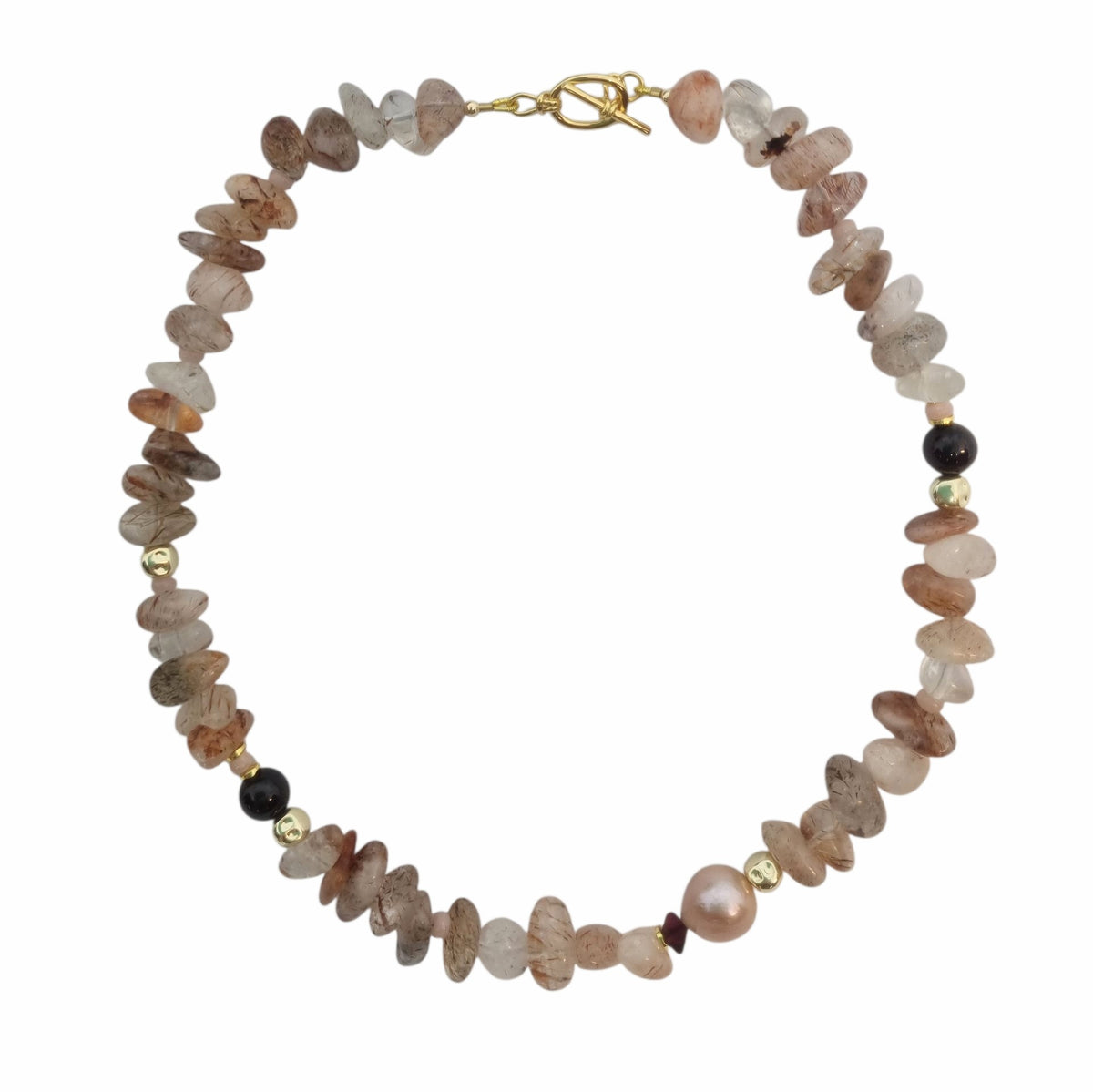 Mood Necklace with Red Rutile Quartz, Garnet, Pink Opal and Freshwater Pearl Necklace