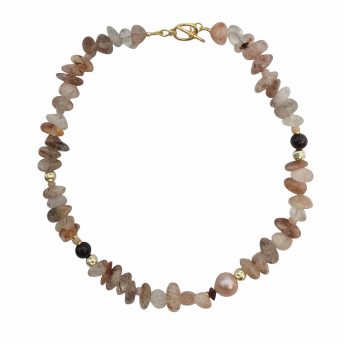 Mood Necklace with Red Rutile Quartz, Garnet, Pink Opal and Freshwater Pearl Necklace