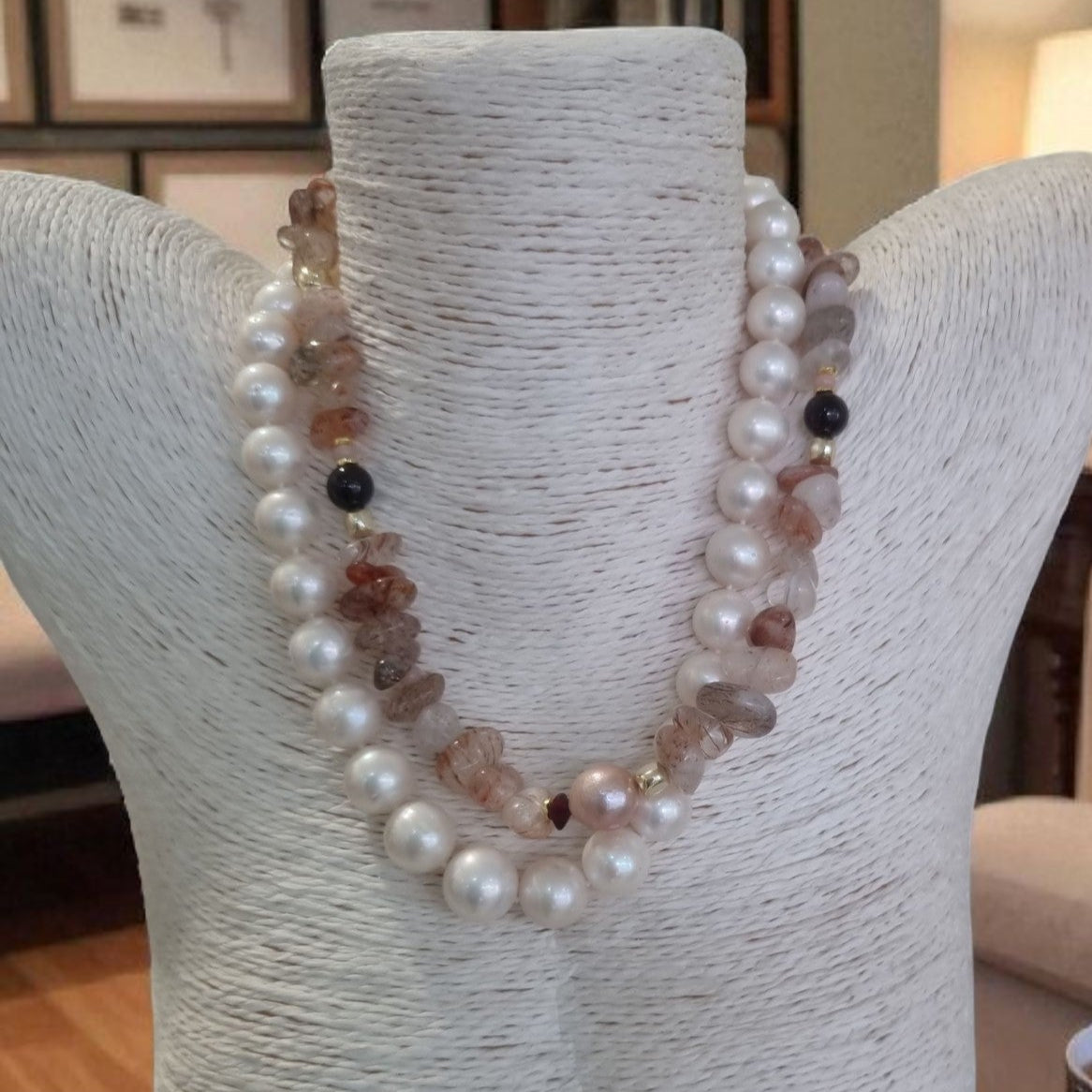 Mood Necklace with Red Rutile Quartz, Garnet, Pink Opal and Freshwater Pearl Necklace