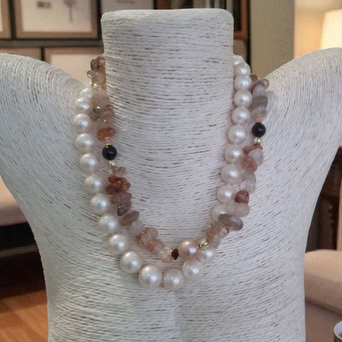 Mood Necklace with Red Rutile Quartz, Garnet, Pink Opal and Freshwater Pearl Necklace