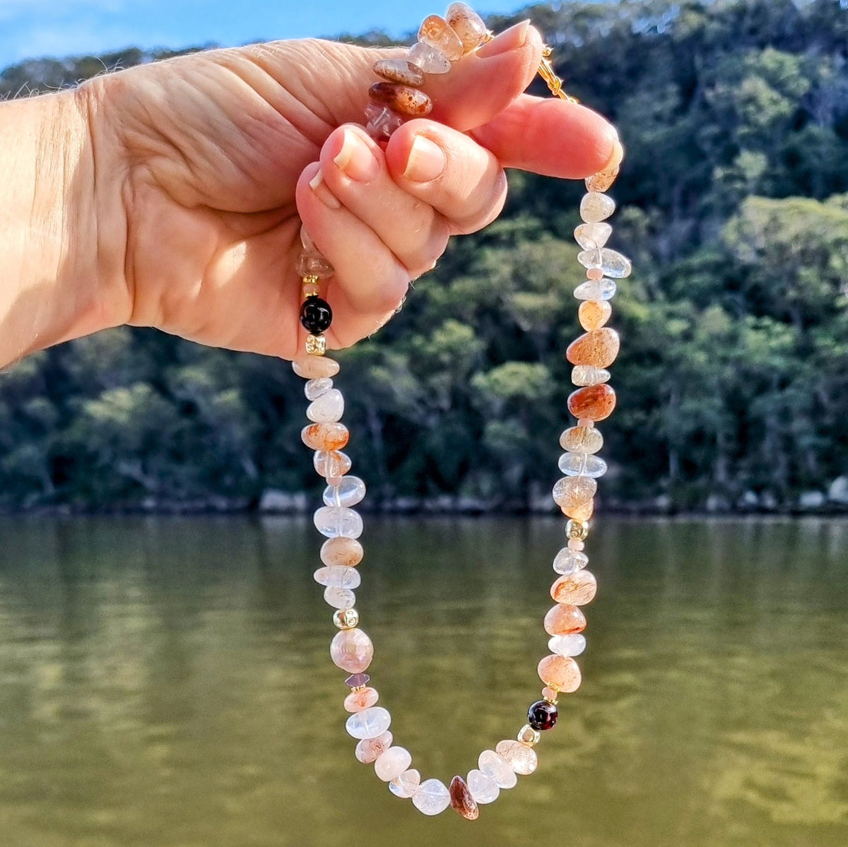 Mood Necklace with Red Rutlie Quartz, Garnet, Pink Opal and Freshwater Pearl