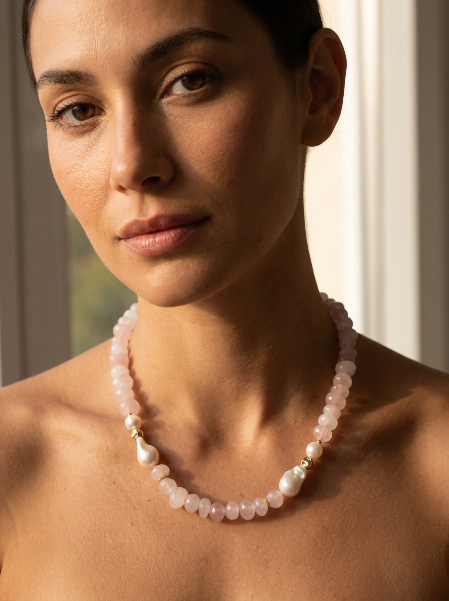 Mood Necklace with Rose Quartz and Freshwater Pearl