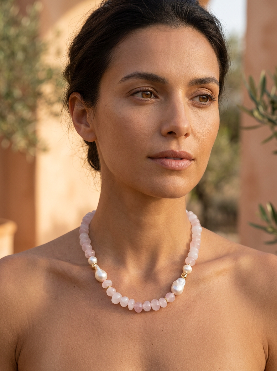 Mood Necklace with Rose Quartz and Freshwater Pearl