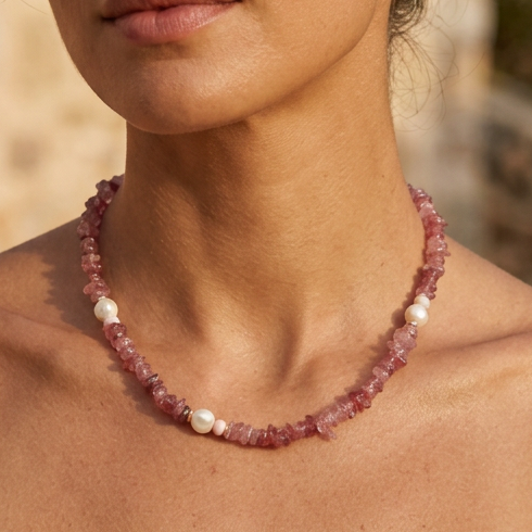 Mood Necklace with Strawberry Quartz, Pink Opal and Freshwater Pearl