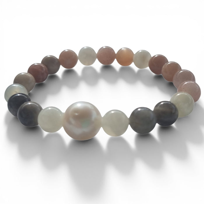 Multi-colour Moonstone and Freshwater Pearl Elastic Bracelet
