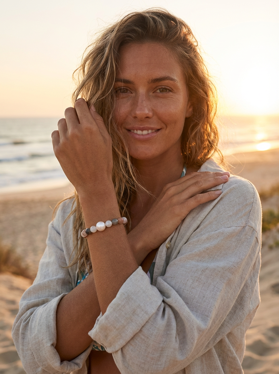 Multi-colour Moonstone and Freshwater Pearl Elastic Bracelet