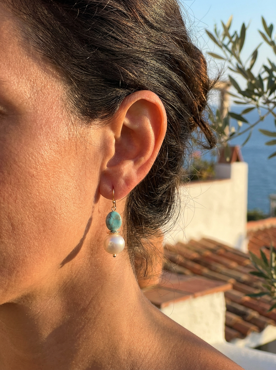 Nerissa Larimar and Pearl Earrings