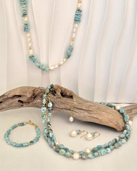 Nerissa Larimar and Pearl Earrings with bracelet and necklace